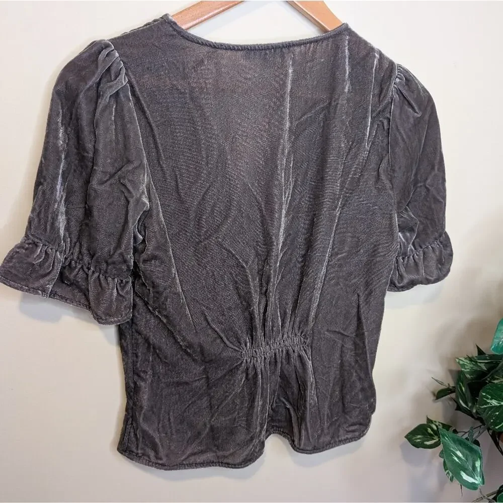 Madewell Gray Velvet Puff Sleeve Button Front Blouse Top Size 2